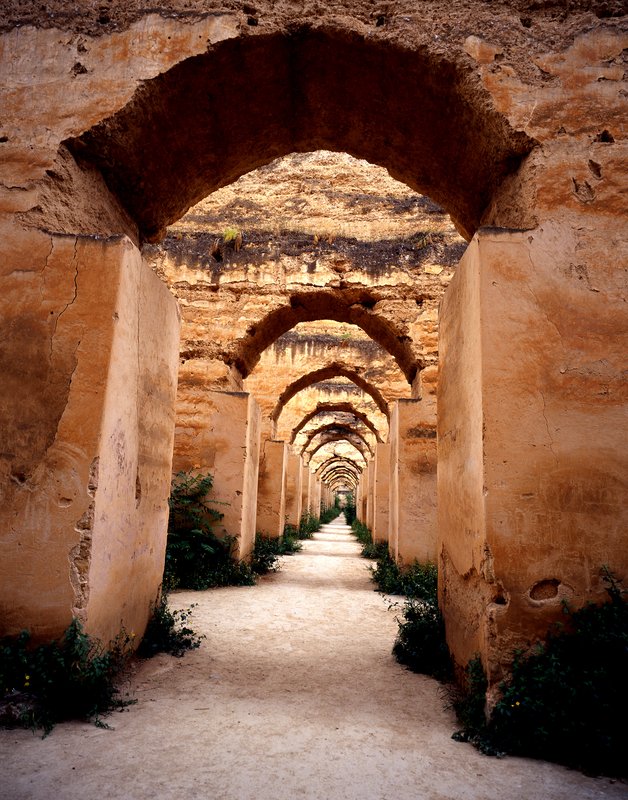 Royal stables, Meknes 麥肯尼斯<br>麥肯尼斯皇家馬廄，這裡曾經養過1200批戰馬，如今荒草漫地變成羊群放牧的場所。<br/>