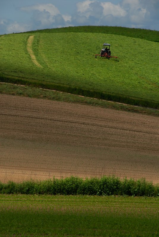 北海道 美瑛<br>陡峭的丘陵地上，大型農機很辛勤的工作。拍完照後，我很熱情用"禮文島桃岩莊"式的跳舞，跟他打招呼，他卻一點都不理我。<br/>