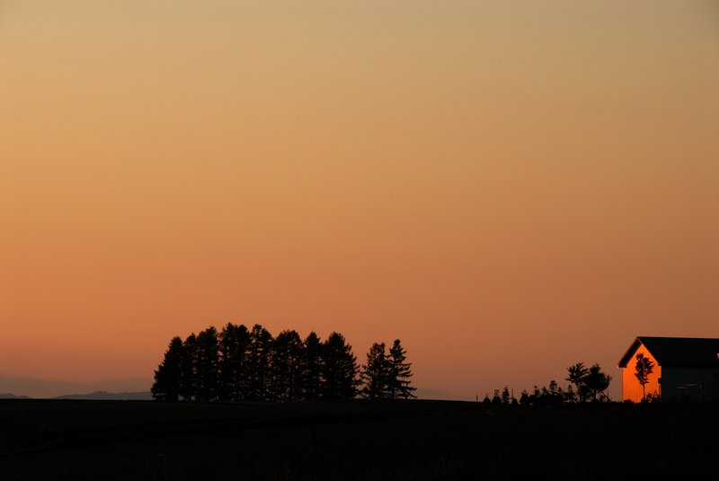北海道 美瑛<br>新榮之丘展望公園的夕陽，號稱全日本最美麗。今天我來的不是時候，下午滿天的白雲早已收工，沒有雲彩伴隨的落日，只有孤零零的下班，幸好還有個不死心的我捧場。<br/>