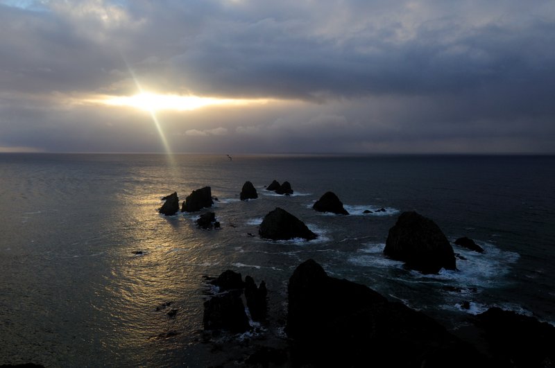 Nugget point<br>清晨的陽光努力從雲縫中射出，可惜離得道還是差了一點。<br/>