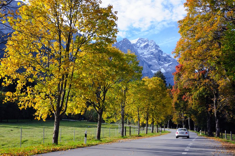 楚格峰山區 Zugspitze<br>秋天裡的阿爾卑斯山區，楓葉開始變色，伴隨著白雪山景，真的夭壽水。<br/>