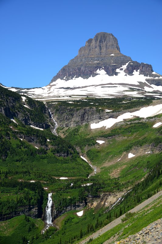 Logan Pass<br>Clements Mountain與山谷下的瀑布。<br/>