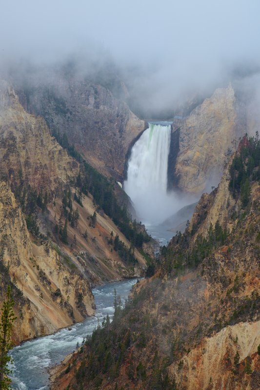 黃石公園峽谷區<br>清晨雲霧裡的黃石大瀑布，好像一幅潑墨山水國畫。<br/>