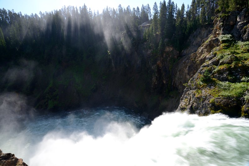 黃石公園峽谷區<br>清晨的Brink of Upper Fallsr，松林間的射光，流動的瀑布流水，風景非常動人。<br/>
