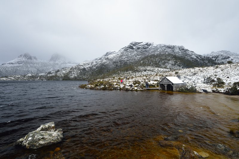 Cradle Mountain 搖籃山國家公園<br>鴿子湖畔小徑，積雪一片。